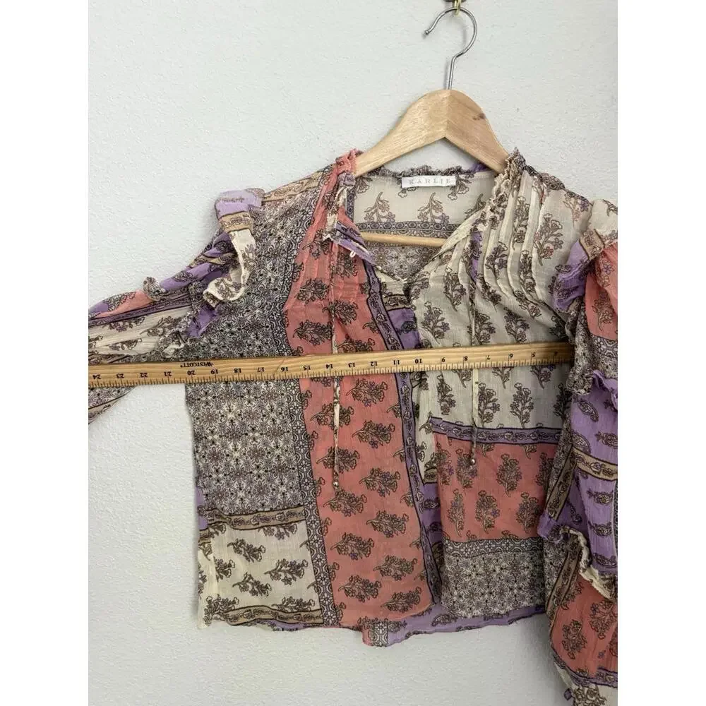 Karlie Patchwork Floral Peasant Blouse in Coral, Lavender & Cream - Picture 5 of 7